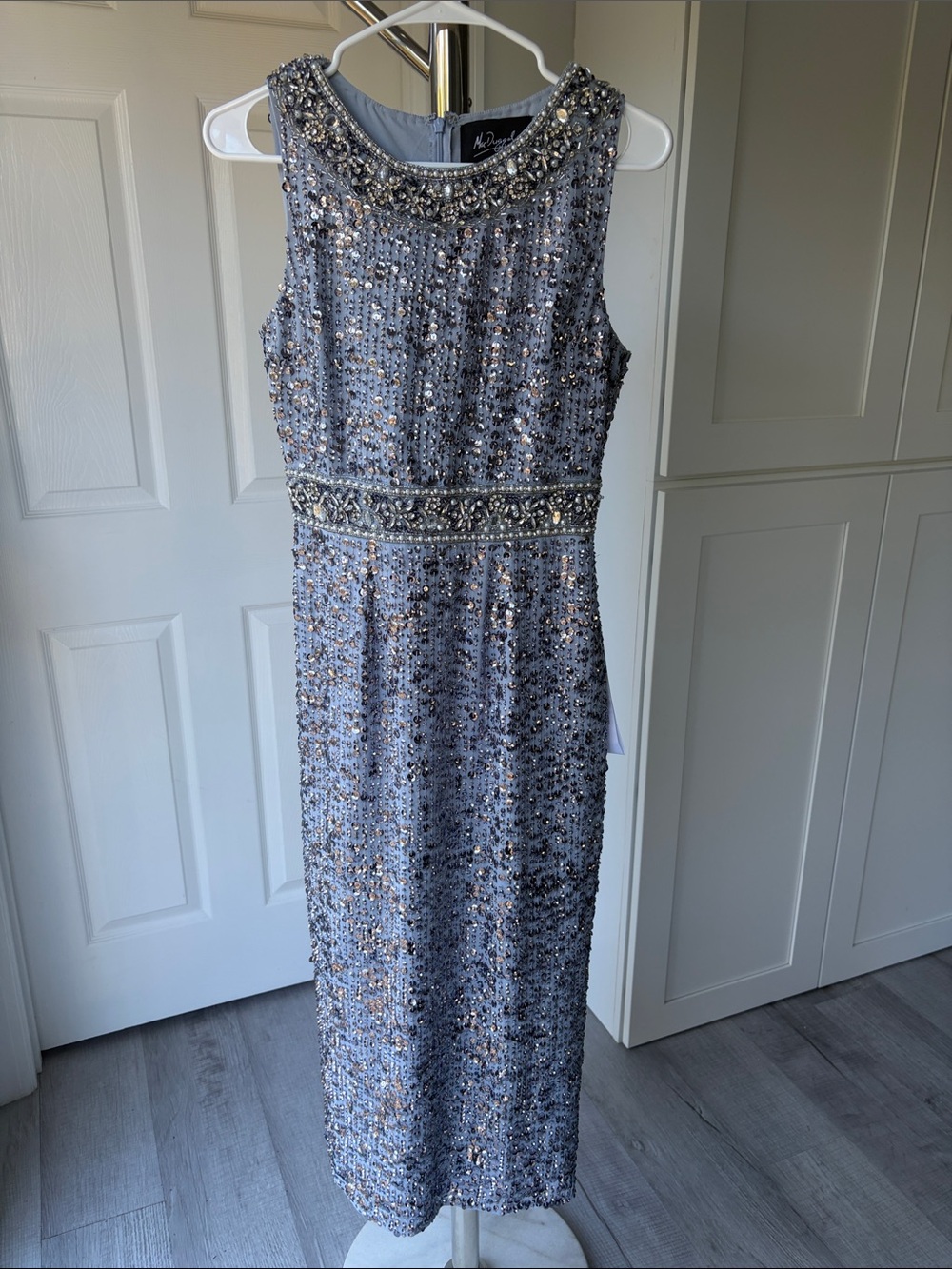 Mac Duggal Beaded Sleeveless Midi Dress - Steel Blue/Platinum, Size 2.